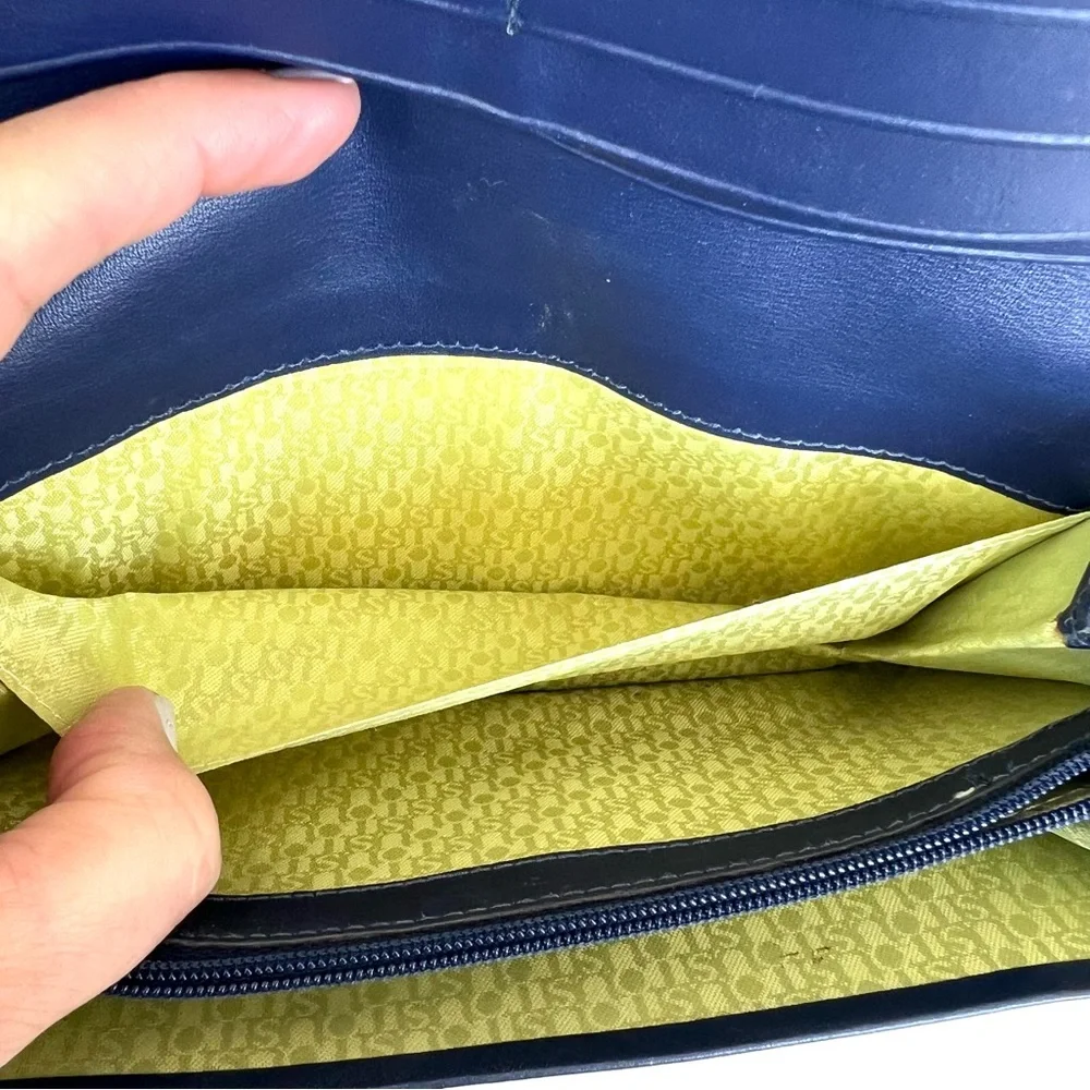 TOUS Navy Pebbled Genuine Leather Silver Bear Tous Logo Scarf and Flap Wallet